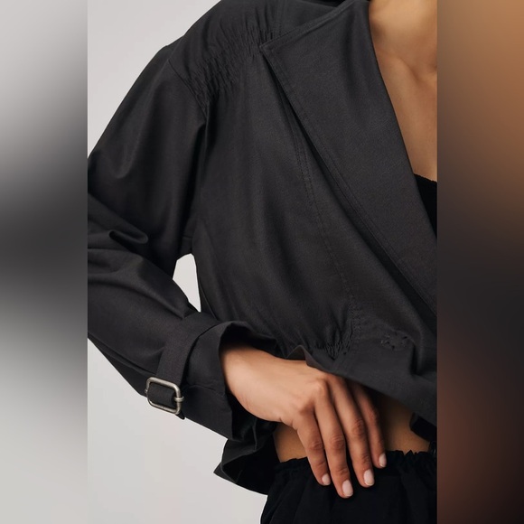 By Anthropologie Cropped Ruched-Sleeve Washed Black Cotton Moto Jacket EUC Sz XL - Picture 3 of 12